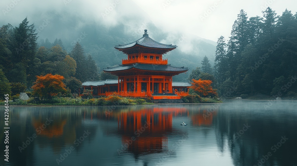 Obraz premium Serene Temple Reflection: A Misty Morning in Japan