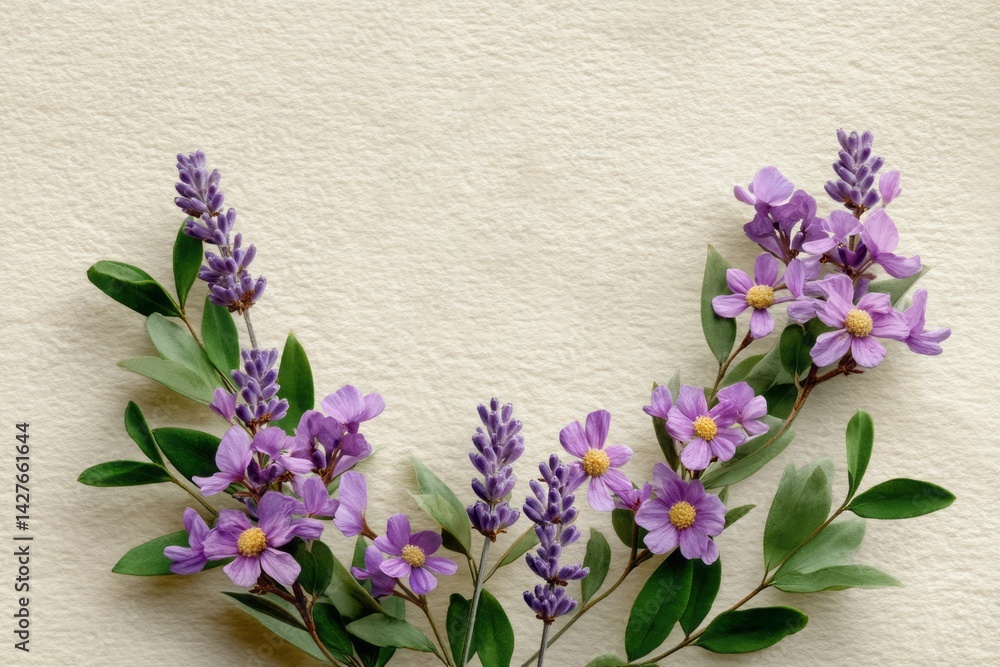 Delicate Arrangement of Purple Flowers on Soft Textured Background with Green Leaves