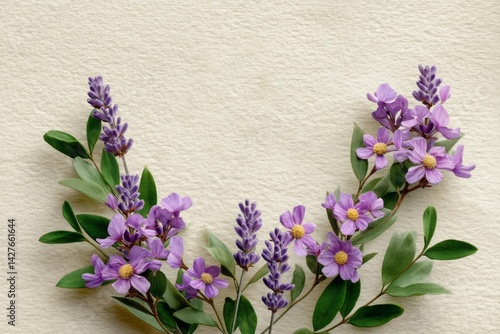 Obraz na płótnie Delicate Arrangement of Purple Flowers on Soft Textured Background with Green Leaves w salonie