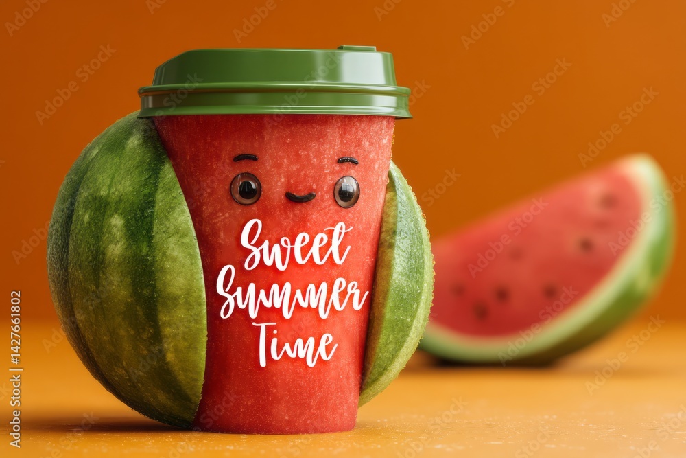 Playful Watermelon Drink Container with Smiling Face on Vibrant Orange Background