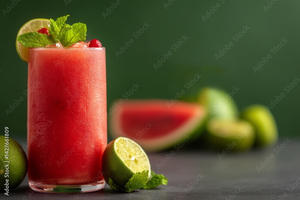 Refreshing Watermelon Cocktail with Mint and Lime on a Green Background