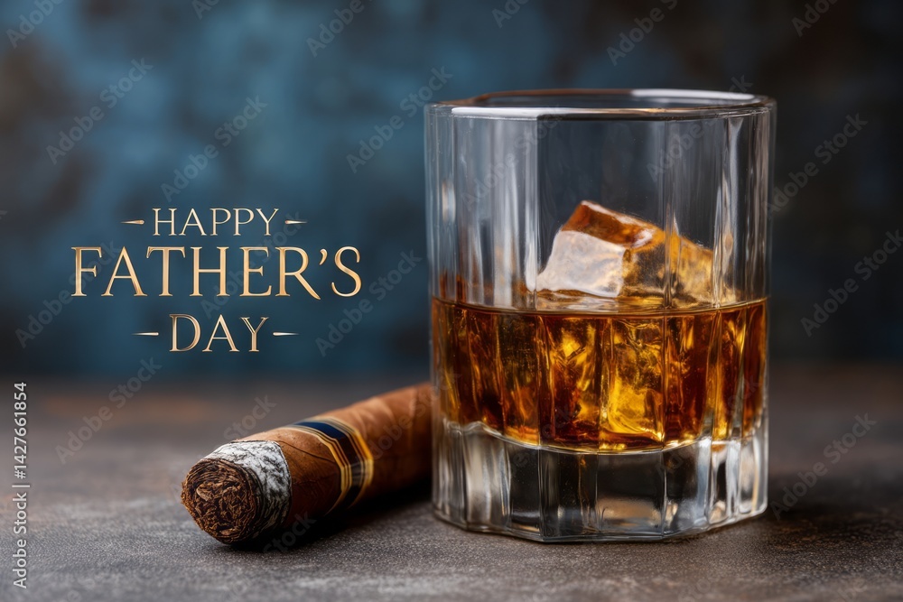 Elegant Whiskey Glass with Ice and Cigar for Father's Day Celebration Atmosphere