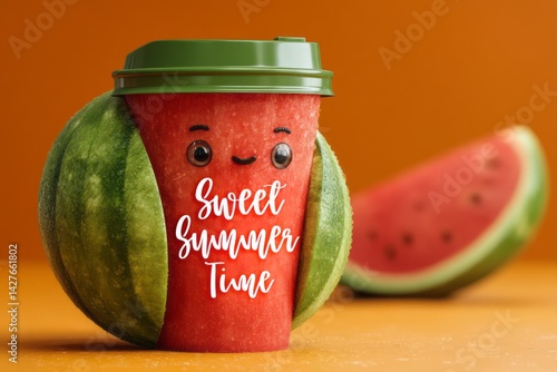 Playful Watermelon Drink Container with Smiling Face on Vibrant Orange Background