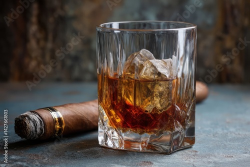 Glass of Whiskey with Ice and Cigar on Rustic Table Surface for Relaxation and Indulgence