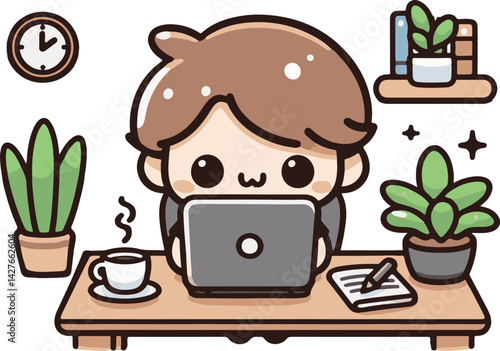 Peaceful Work-from-Home Moment with Laptop and Coffee Mug