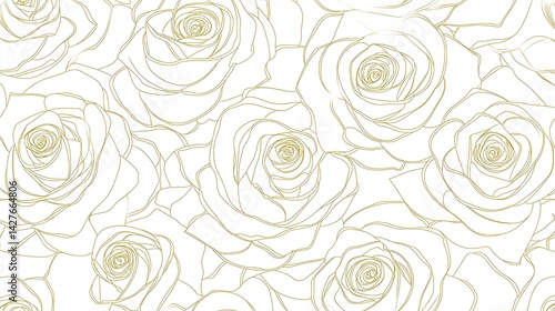 Fototapeta Naklejka Na Ścianę i Meble -  Seamless rose pattern with soft gold line art on white background, showcasing delicate floral outlines in a romantic and elegant vector illustration ideal for print-on-demand designs.
