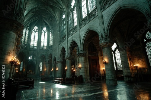 Interior view of a large church or cathedral with arches and windows.