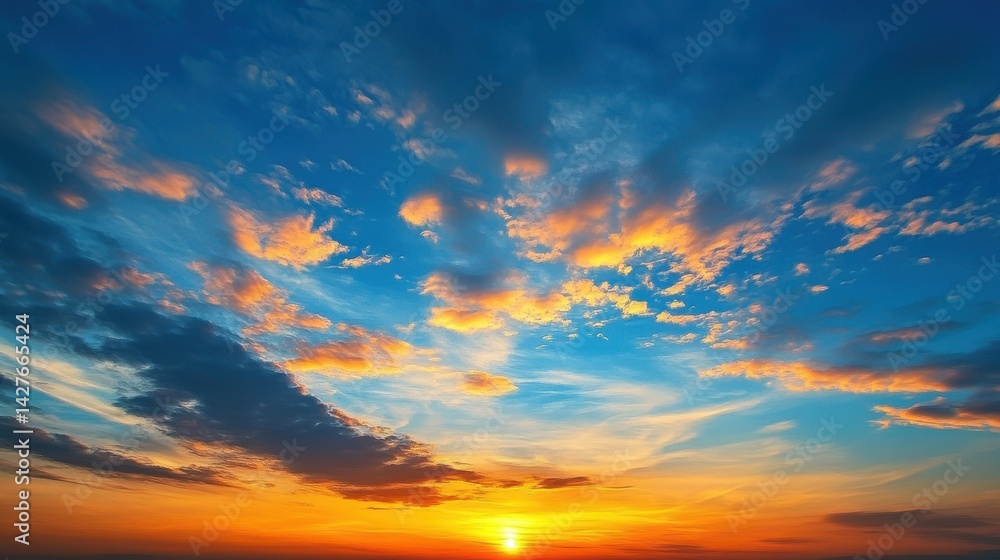 Obraz premium Sky At Dusk. Abstract Sunset Sky with Orange Sun and Blue Clouds