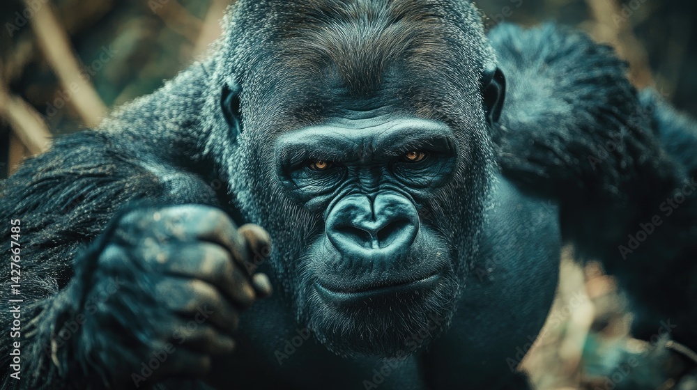 Obraz premium Intense Gaze Of A Powerful Gorilla, Showcasing Strength And Wisdom In A Natural Setting.