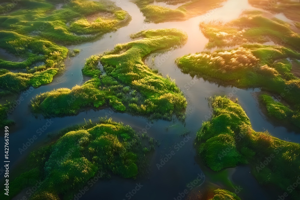 Aerial view of a river winding through a lush green landscape with a golden light shining above it Aerial view of a river winding through a lush green landscape with a golden light shining above it