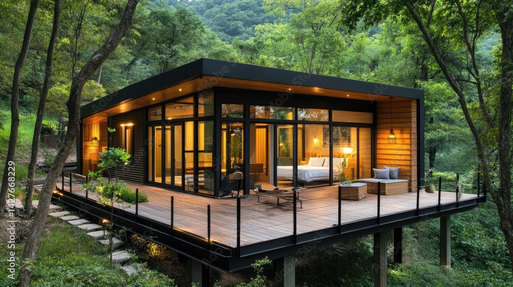 Modern Cabin In Forest. Exterior View Of A Contemporary Cabin With Floor To Ceiling Windows And A Wooden Deck In A Dense Green Forest. Modern Cabin In Forest. Exterior View Of A Contemporary Cabin With Floor To Ceiling Windows And A Wooden Deck In A Dense Green Forest.