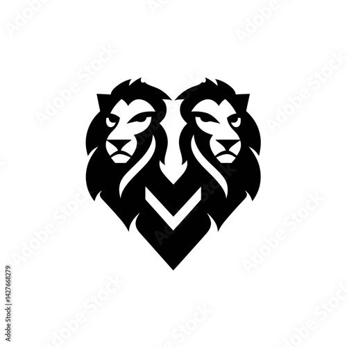 Stylish black and white illustration of two lion heads forming a heart shape, concept for logo design, branding, and Valentine's Day cards