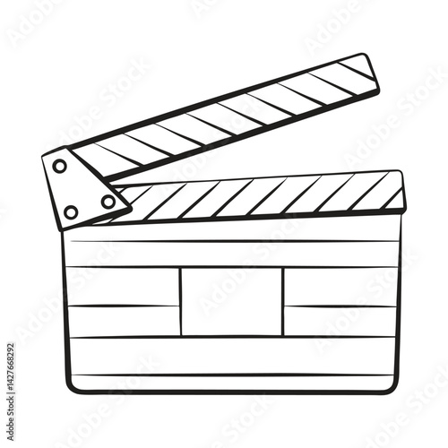 Film clapperboard icon black and white line art on white background