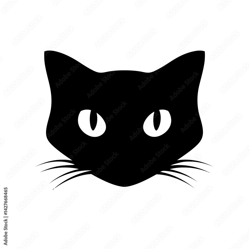 Black cat's face silhouette with big eyes on white background, concept for pet logo, Halloween, or minimalist design Black cat's face silhouette with big eyes on white background, concept for pet logo, Halloween, or minimalist design