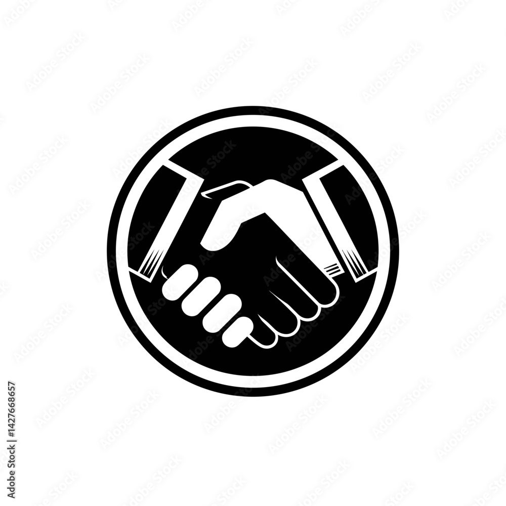 Stylish black and white icon of two hands shaking inside a circle, concept for partnership, teamwork, agreement, and collaboration Stylish black and white icon of two hands shaking inside a circle, concept for partnership, teamwork, agreement, and collaboration
