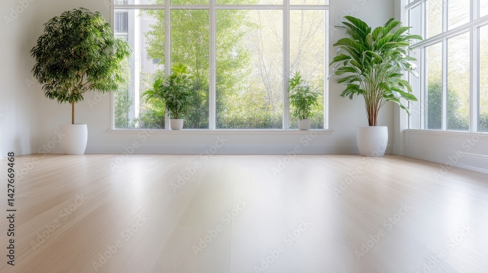 Fototapeta premium Bright, empty room with large windows and potted plants