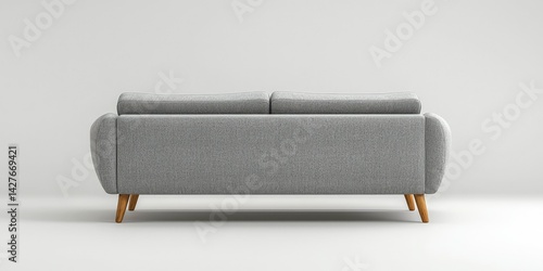 A back view of a stylish grey modern sofa with wooden legs against a plain background.