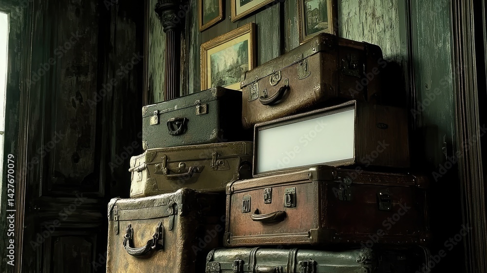 Obraz premium Stacked vintage suitcases in a dimly lit room.