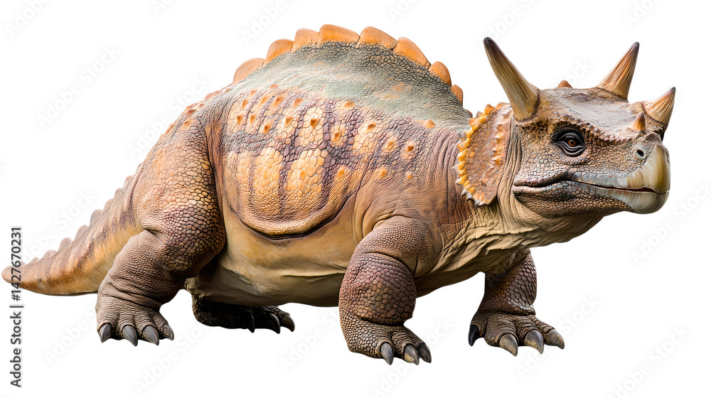 Fototapeta premium Detailed Brown And Tan Triceratops Dinosaur Illustration Against White Background