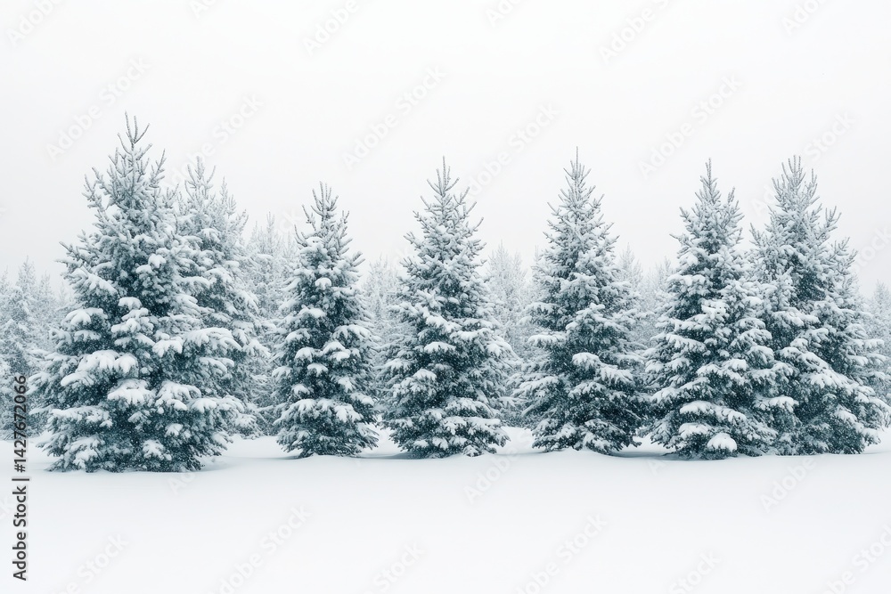 Naklejka premium Snow Covered Trees. Winter Christmas Scene with Frosty Spruce Trees in White Snow Landscape