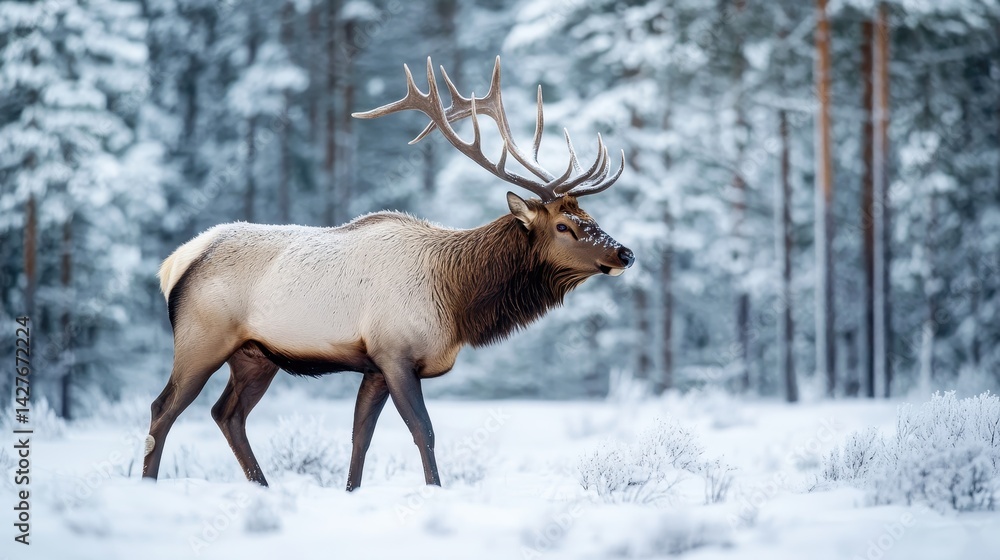 Fototapeta premium Snow Woods. Wild Elk Roaming Winter Forest in Norway Snowy Meadow