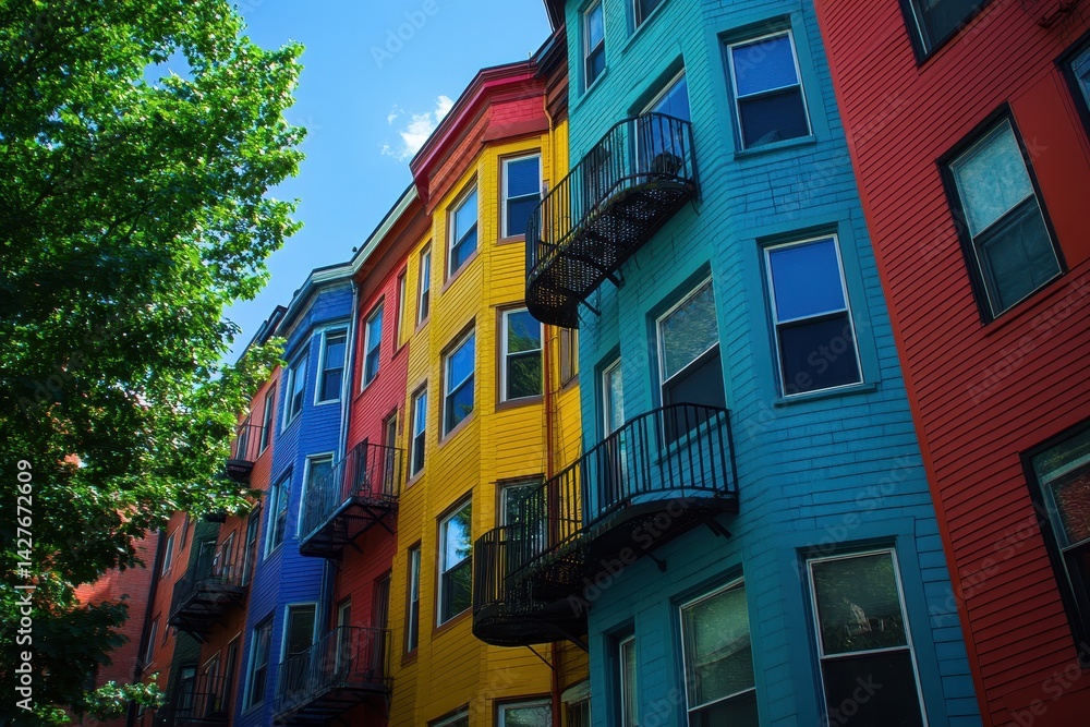 Naklejka premium Social Housing. Colourful Apartment Building in Urban Cityscape