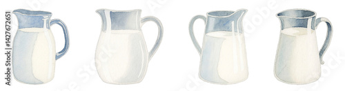 Watercolor Illustration of Milk Jugs Filled with Fresh Milk Isolated on Transparent Background