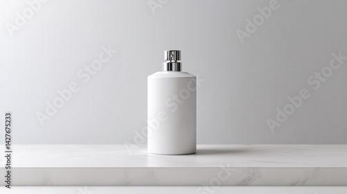 Empty white cylindrical pump bottle on marble surface