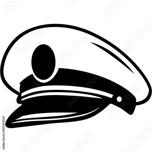 Sketchy engraving emblem of cap headdress of a ship captain naval officer in monochrome. Engraving minimalistic vector in black ink drawing on transparent background
