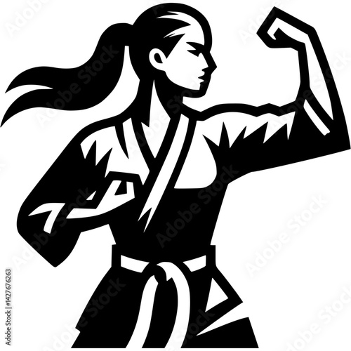 Sport emblem of karate girl puts a block with her hand in a defensive stance in monochrome. Engraving minimalistic vector in black ink drawing on transparent background