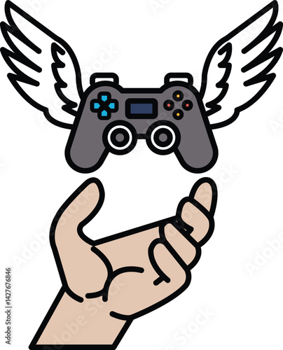 A hand holding a controller with wings on top of it