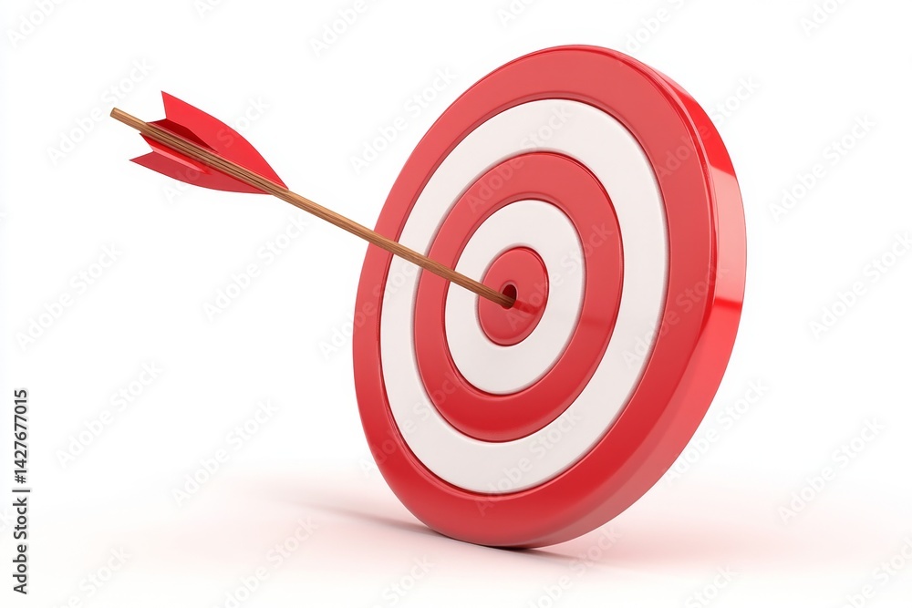 Red target with arrow hitting the bullseye on white background Red target with arrow hitting the bullseye on white background