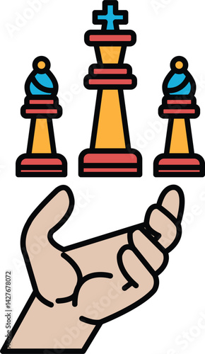 A hand is holding three chess pieces, with one of them being a king