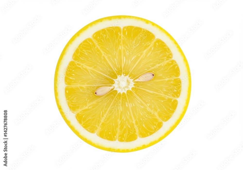 Close up of a lemon slice showing the pulp seeds and rind on a white background in bright light Close up of a lemon slice showing the pulp seeds and rind on a white background in bright light