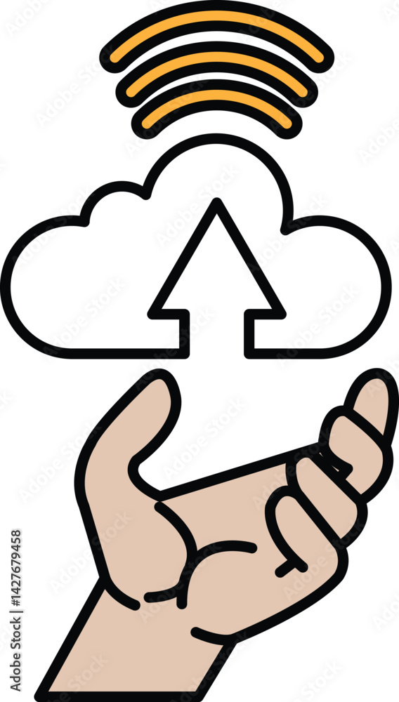 Fototapeta premium A hand is holding a cloud with a line pointing upwards