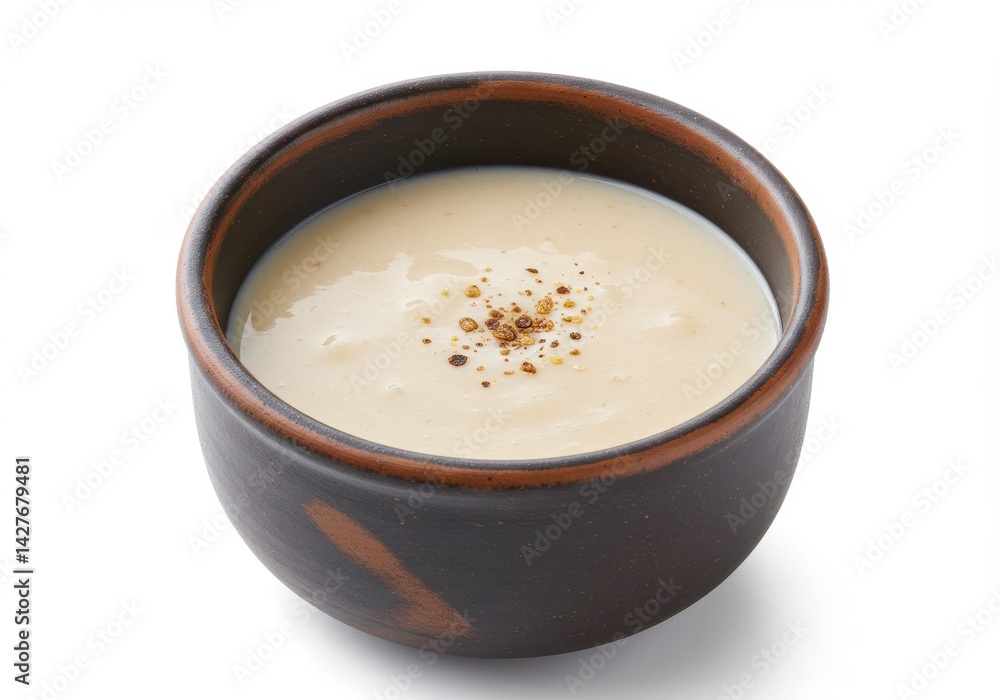 Creamy soup in a dark brown bowl with a light brown rim and spices on top on a white background Creamy soup in a dark brown bowl with a light brown rim and spices on top on a white background