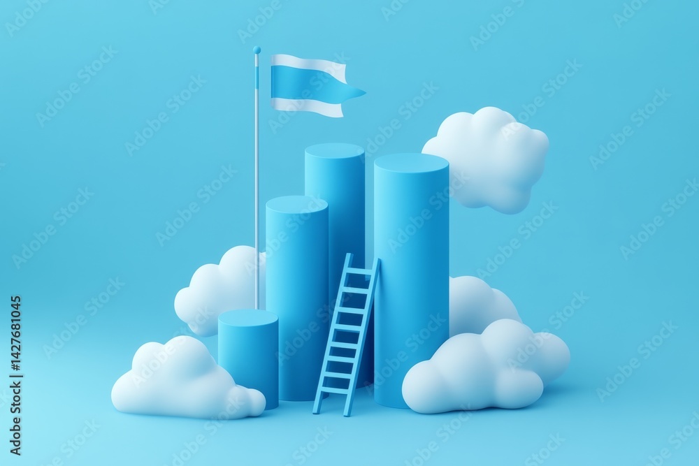 Blue achievement podiums with flag, ladder, and clouds on a studio background Blue achievement podiums with flag, ladder, and clouds on a studio background
