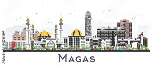Magas Russia city skyline with color buildings isolated on white. Magas cityscape with landmarks. Business travel and tourism concept with modern and historic architecture.