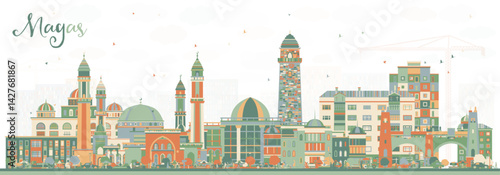 Magas Russia city skyline with color buildings. Magas cityscape with landmarks. Business travel and tourism concept with modern and historic architecture.