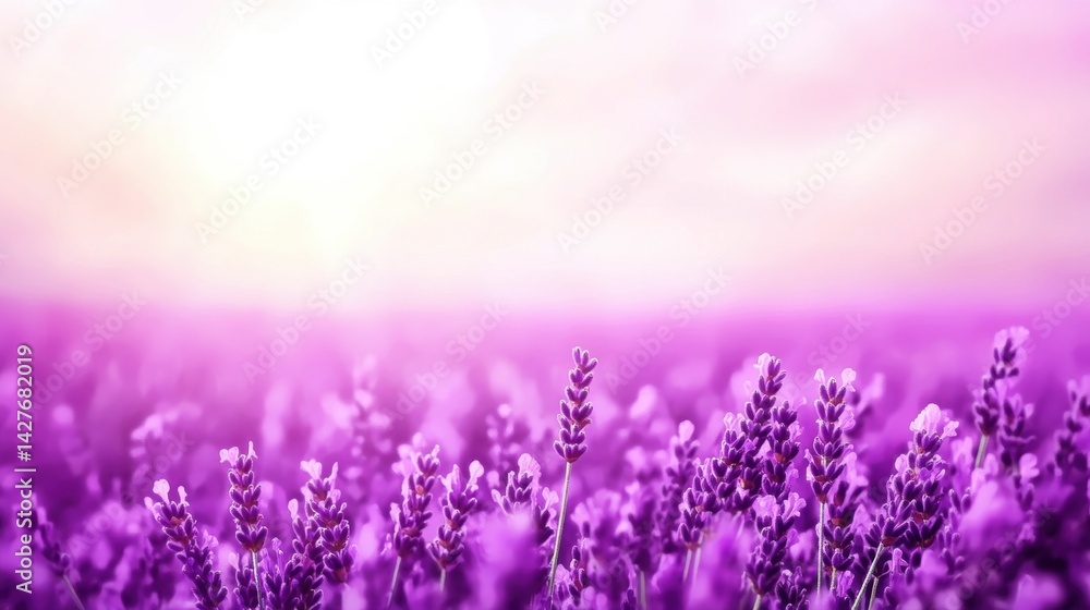 Fototapeta premium A vibrant lavender field stretches under a soft, glowing sky, creating a serene and tranquil atmosphere.