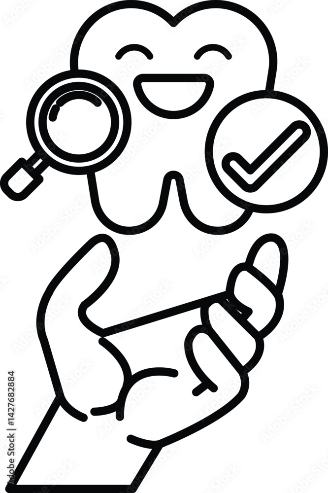 Fototapeta premium cartoon of a tooth with a smiley face and a hand holding it