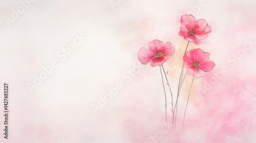 A delicate watercolor painting featuring three pink flowers against a soft, light background.