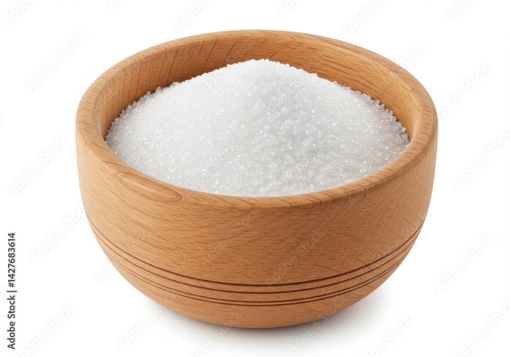 A wooden bowl filled with a pile of white sugar granules sitting on a white background on a white surface A wooden bowl filled with a pile of white sugar granules sitting on a white background on a white surface