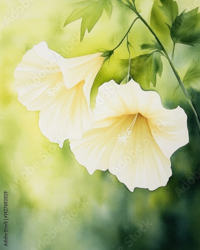 A watercolor painting of delicate white hibiscus flowers surrounded by soft green foliage and a gentle, blurred background.