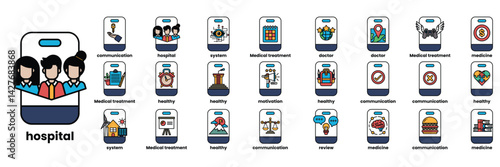 Set of illustrations in the concept of smartphones and business objects in line art style