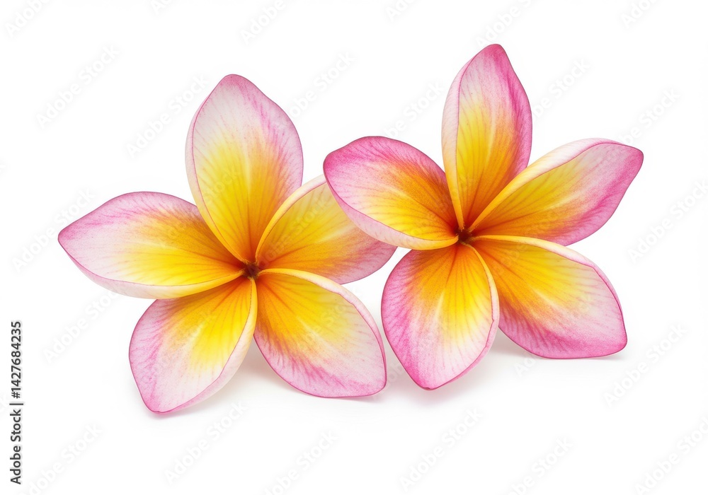 Fototapeta premium Two frangipani flowers with pink edges and yellow centers on a white background in close up view