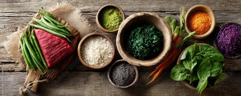 Panorama of fresh pet food featuring raw and healthy concept. Colorful ingredients arranged on a rustic wooden table Panorama of fresh pet food featuring raw and healthy concept. Colorful ingredients arranged on a rustic wooden table