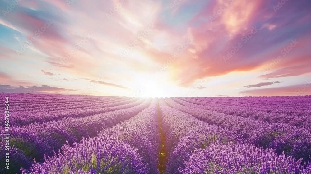 Obraz premium Endless Lavender Field Under Colorful Sky at Sunrise