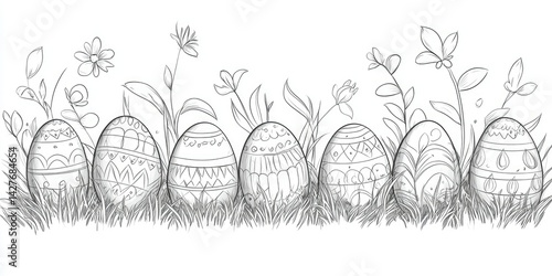 A black-and-white sketch template of Easter eggs in grass for coloring projects