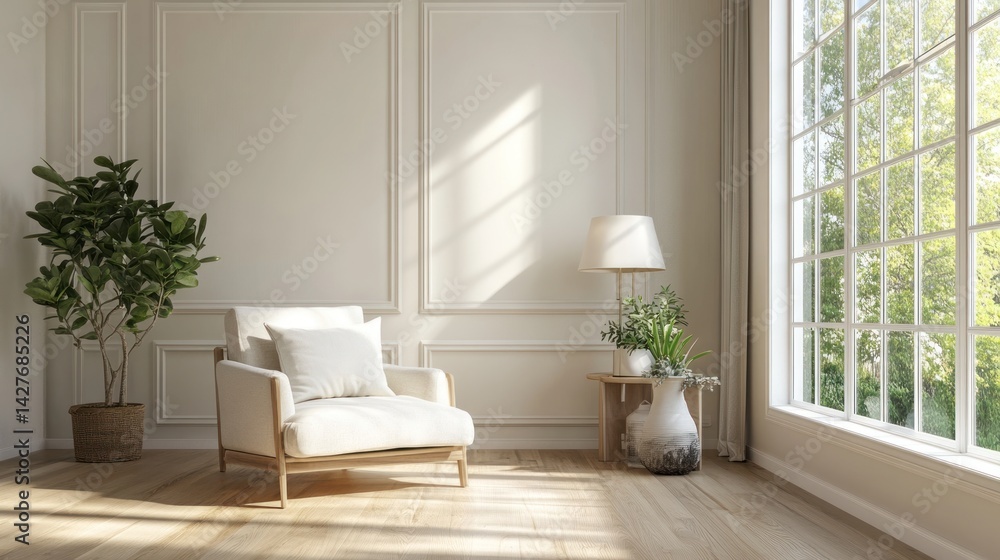 Fototapeta premium Light-filled, classic living room with a comfortable armchair
